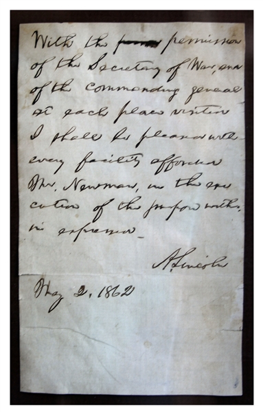 Abraham Lincoln Autograph Note Signed as President in May 1862 -- ''...With the permission of the Secretary of War, and of the commanding general...''