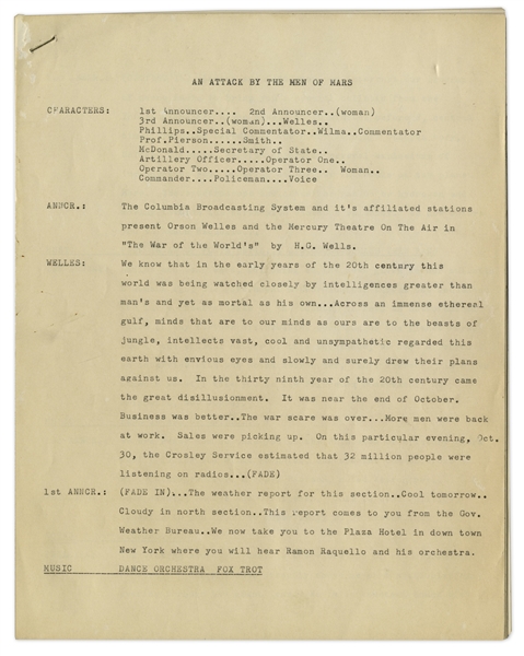 Original ''War of The Worlds'' Radio Broadcast Script Draft, as Read by Orson Welles in 1938 -- This Broadcast Famously Caused Mass Panic of an Alien Landing