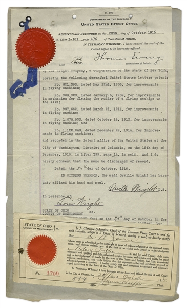 Orville Wright Signed Patent Document From 1916 ''for improvements in flying machines'' -- Very Rare