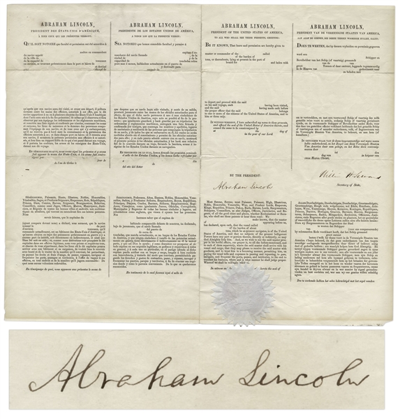 Abraham Lincoln Document Signed Abraham Lincoln 4-Language Ship's Paper Signed -- With Full ''Abraham Lincoln'' Signature