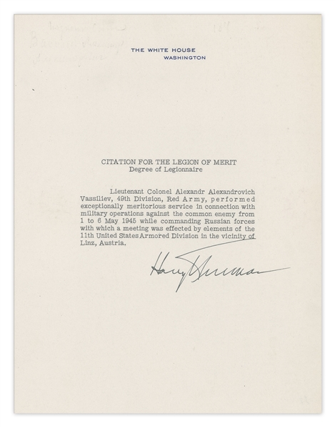 Harry Truman Document Signed as President -- Awarding Legion of Merit to ''Red Army'' Soldier for ''meritorious service...against the common enemy'' During WWII