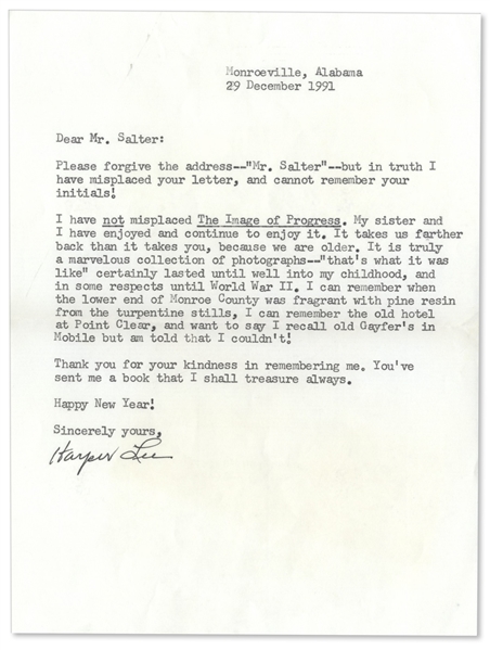 Harper Lee Letter Signed -- Recalling Her Memories of Alabama ''...I can remember when the lower end of Monroe County was fragrant with pine resin from the turpentine stills...''