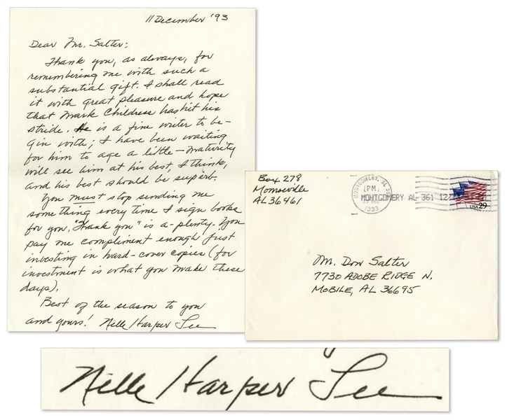 Harper Lee 1993 Autograph Letter Signed -- Responding to a Longtime Admirer -- ''...You must stop sending me something every time I sign books for you. 'Thank you' is a-plenty...''