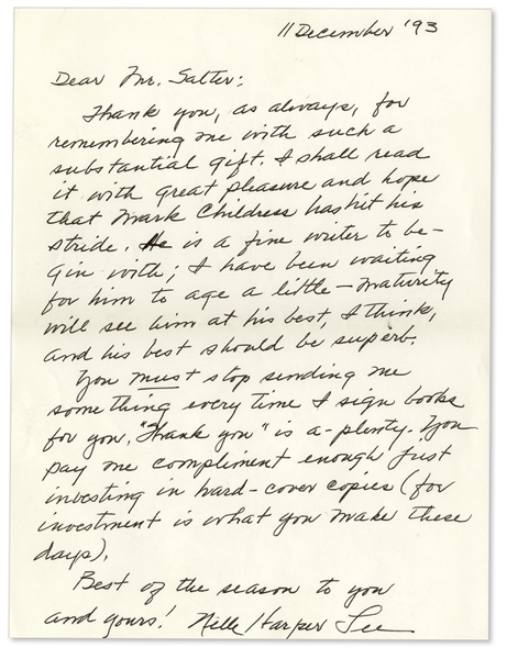 Harper Lee 1993 Autograph Letter Signed -- Responding to a Longtime Admirer -- ''...You must stop sending me something every time I sign books for you. 'Thank you' is a-plenty...''