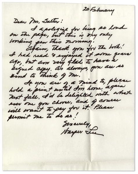 'To Kill a Mockingbird'' Author Harper Lee Autograph Letter Signed -- ''...I apologize for being so loud on the page...''