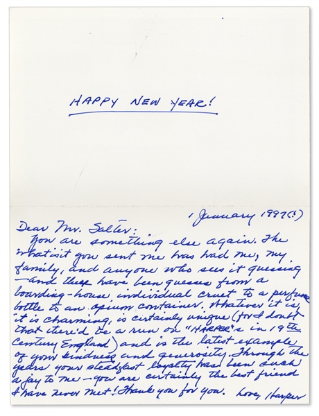 Affectionate Harper Lee Autograph Letter Twice-Signed -- Written on New Year's Day to a Longtime Admirer -- ''...you are certainly the best friend I have never met!...''