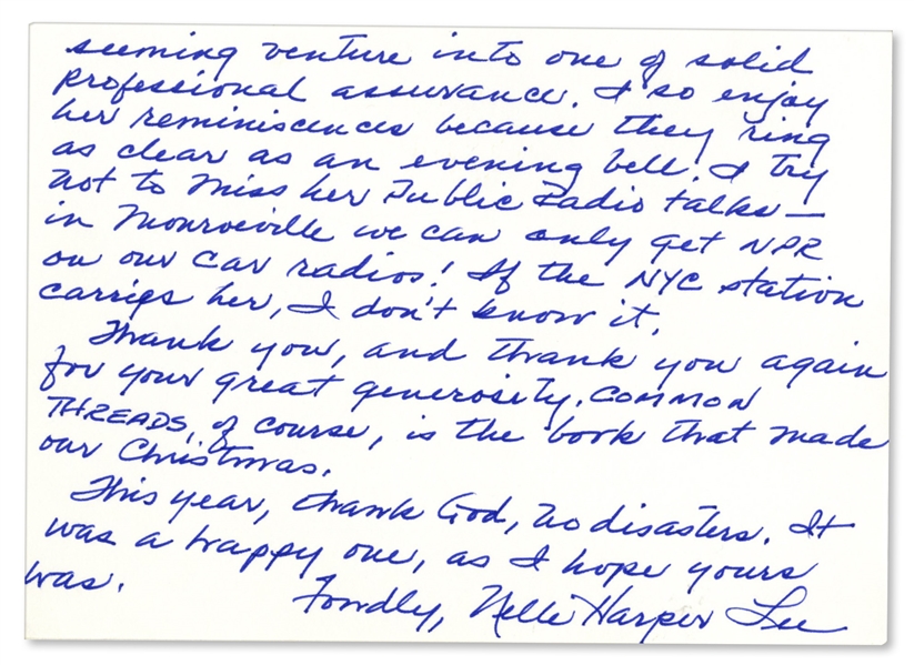 Harper Lee Autograph Letter Twice-Signed -- Mentioning Renowned Alabama Journalist Kathryn Tucker Windham -- ''...I so enjoy her reminisces because they ring as clear as an evening bell...''