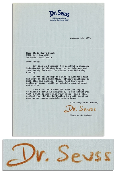 Dr. Seuss Letter Signed -- ''...I am still in a horrific time jam trying to finish a movie in Hollywood...'' -- Seuss Likely Refers to TV Adaptation of ''Cat in the Hat''