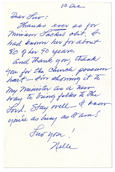 Harper Lee Autograph Letter Signed -- About Obituaries and Possum Hunts -- ''...thank you for the church possum hunt -- I'm showing it to my minister as a new way to bring folks to the Lord...''