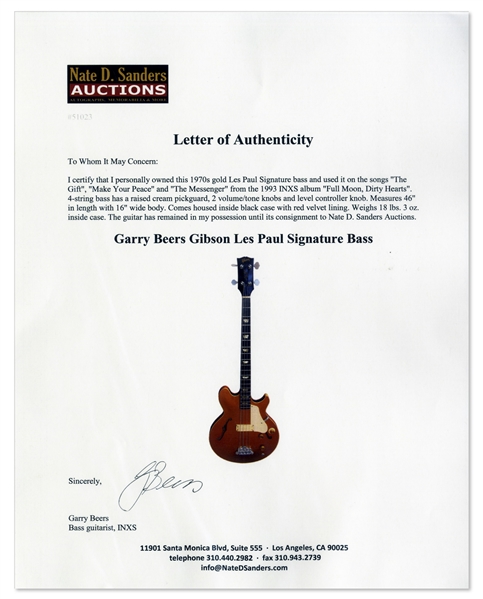 INXS Gibson Les Paul Signature Bass Used on 3 Songs From ''Full Moon, Dirty Hearts'' Album -- With LOA From Bassist Garry Beers