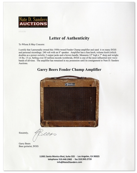 INXS Fender Champ Amplifier Used on Many INXS & Personal Recordings -- With LOA From Garry Beers