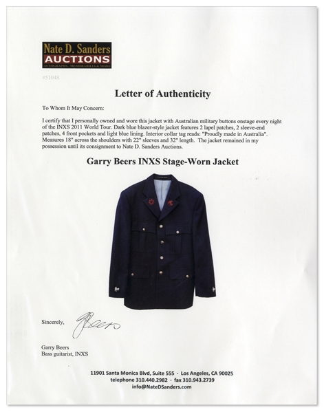Garry Beers of INXS Stage-Worn Jacket With Australian Military Buttons -- Worn Nearly Every Night of 2011 World Tour -- With LOA From Garry Beers