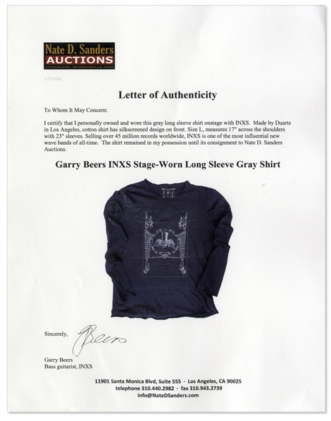 Garry Beers of INXS Stage-Worn Long Sleeve Gray Shirt -- With LOA From Garry Beers