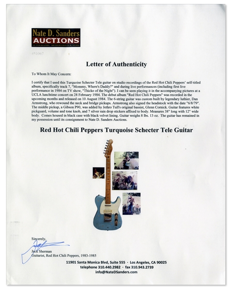 Jack Sherman of Red Hot Chili Peppers Turquoise Schecter Tele Guitar -- Used Live & On Debut Album in 1984