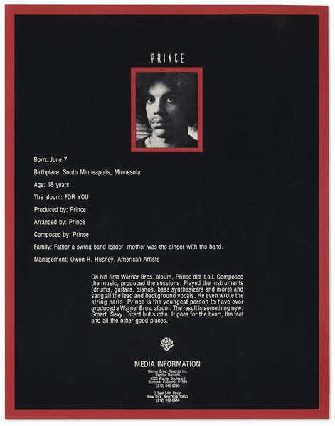 Prince Demo Tape & Very Rare Press Kit (Only 1 of 15) -- Used to Promote Prince in 1977 -- Includes Unreleased Track, ''Jelly Jam''