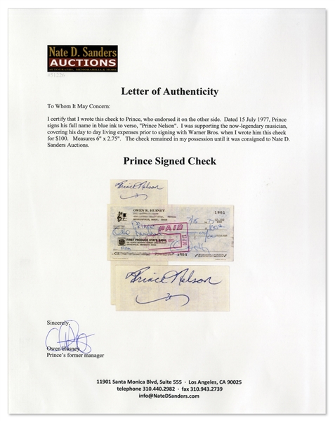 Check Written to Prince With Full ''Prince Nelson'' Endorsement Signature -- One of a Kind