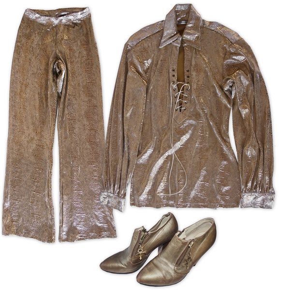 Prince Stage-Worn Gold Mesh Shirt & Pants -- With Gold Shoes Adorned With His Love Symbol