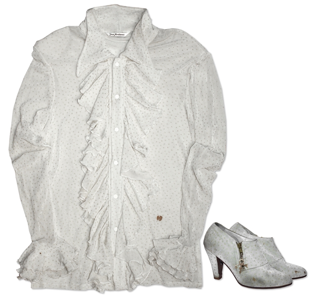 Prince Stage-Worn Ruffled Cream Blouse -- & Matching Self-Covered Shoes With His Personal Symbol as Zipper Pulls