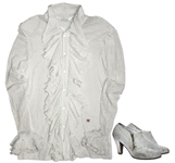 Prince Stage-Worn Ruffled Cream Blouse -- & Matching Self-Covered Shoes With His Personal Symbol as Zipper Pulls