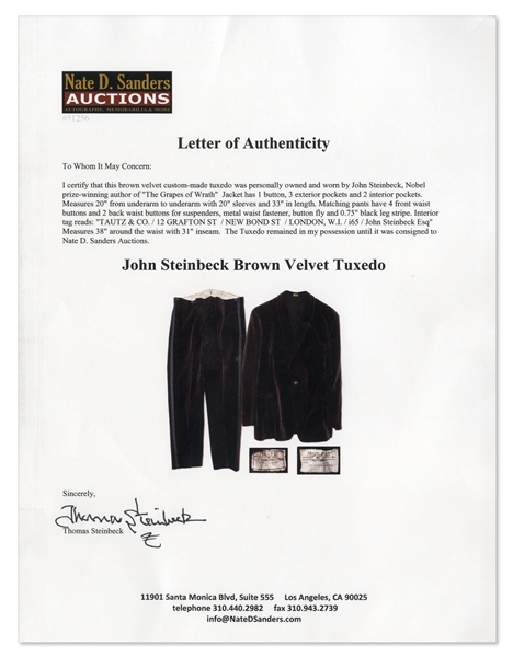 John Steinbeck's Personally Owned Custom-Made Velvet Tuxedo -- With LOA From Thomas Steinbeck