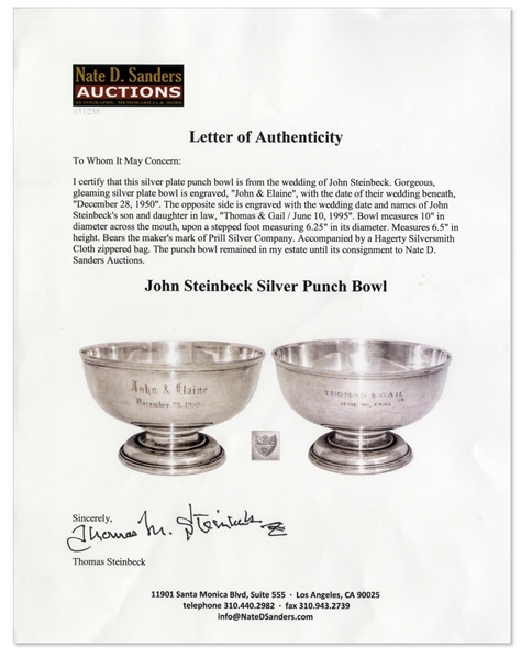 John Steinbeck Personally Owned & Custom Engraved Family Heirloom Silver Punch Bowl -- With LOA From Thomas Steinbeck