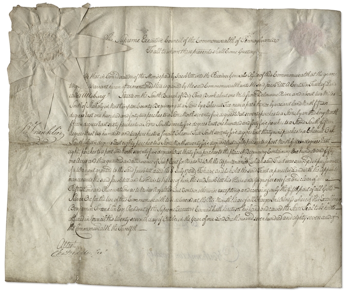Benjamin Franklin Signed Land Grant From 1787
