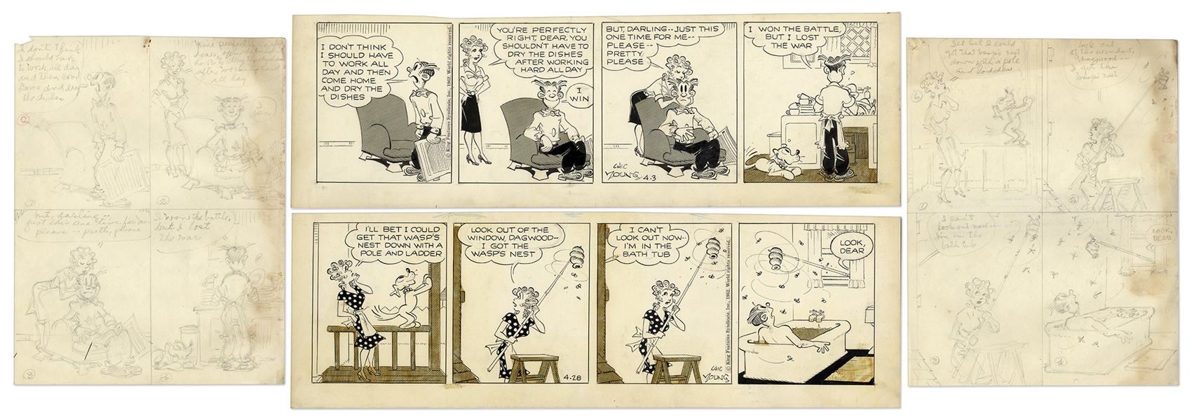 2 Chic Young Hand-Drawn ''Blondie'' Comic Strips From 1962 -- With Chic Young's Original Preliminary Artwork for Both Strips