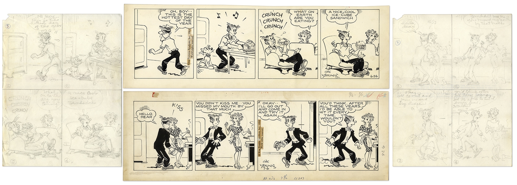 2 Chic Young Hand-Drawn ''Blondie'' Comic Strips From 1964 -- With Chic Young's Original Preliminary Artwork for Both Strips