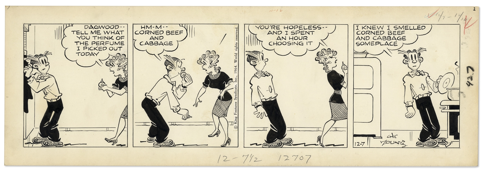 2 Chic Young Hand-Drawn ''Blondie'' Comic Strips From 1964 & 1965 -- With Chic Young's Original Preliminary Artwork for One