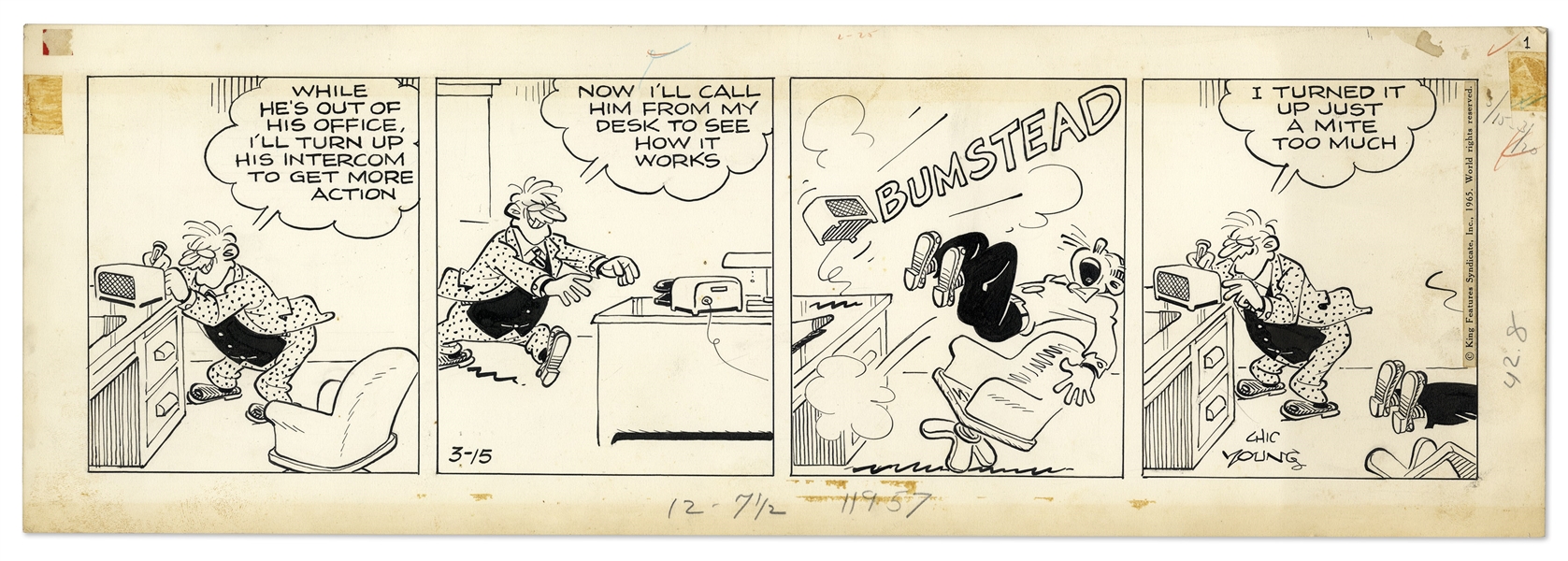 2 Chic Young Hand-Drawn ''Blondie'' Comic Strips From 1964 & 1965 -- With Chic Young's Original Preliminary Artwork for One