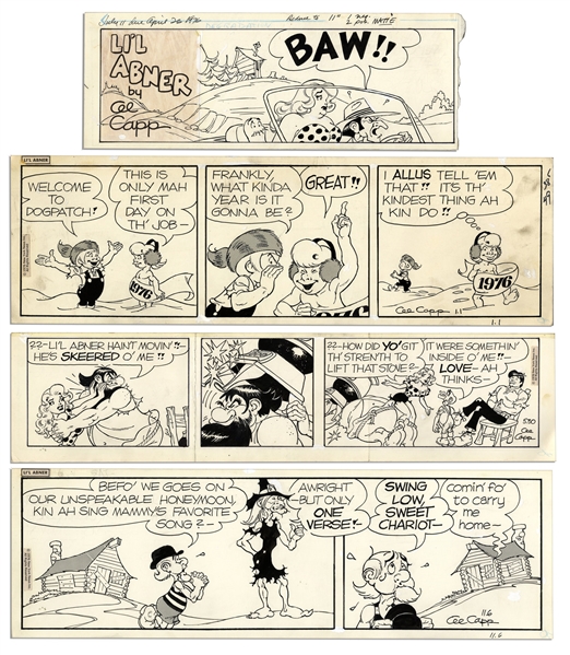 Lot of 4 ''Li'l Abner'' Comic Strips From 1976 -- Hand-Drawn & Signed by Capp Featuring Daisy Mae, Li'l Abner, A Shmoo & Honest Abe -- Sizes Vary, Approximately 19.5'' x 6.25'' -- Very Good