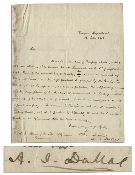 Rare Alexander J. Dallas Autograph Letter Signed as Secretary of The Treasury