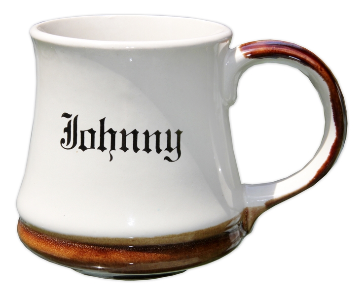 Johnny Carson Mug Used on His Desk During ''The Tonight Show'' -- Previously Owned by Carson's Personal Correspondent Who Worked on the Show for 10 Years