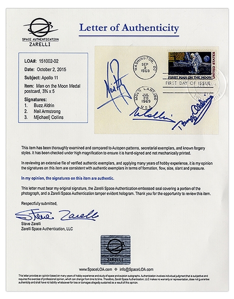 Apollo 11 First Day Cover Boldly Signed by Neil Armstrong, Buzz Aldrin and Michael Collins -- With LOA From Steve Zarelli