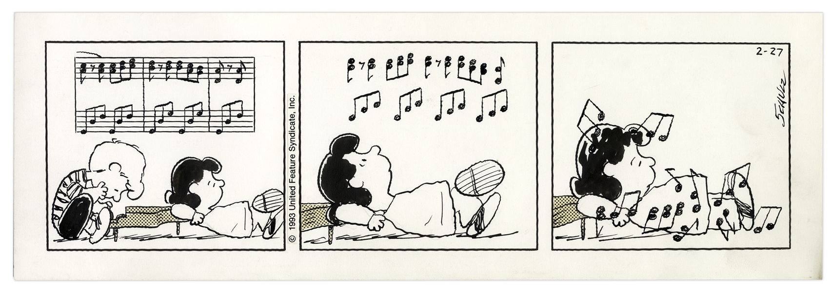 Charles Schulz Hand-Drawn ''Peanuts'' Strip From 1993 Featuring Lucy & Schroeder at His Piano