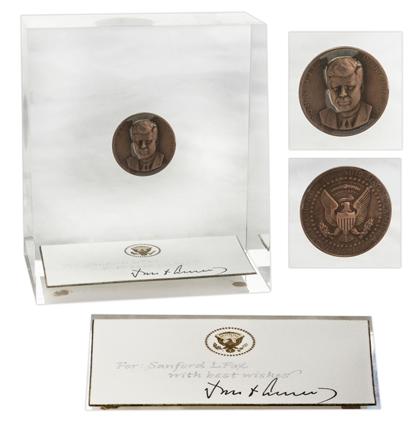 John F. Kennedy Signed Presidential Card in Lucite Display -- With Bronze Inauguration Day Medal Given to White House Employees in JFK Administration