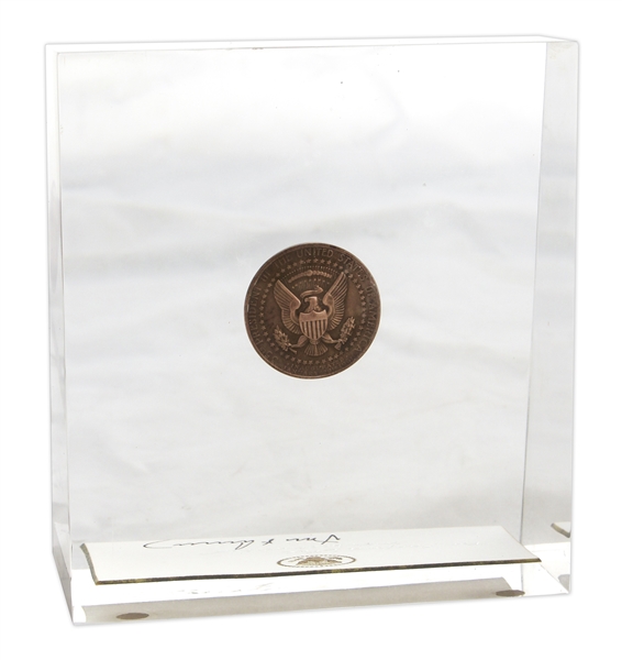 John F. Kennedy Signed Presidential Card in Lucite Display -- With Bronze Inauguration Day Medal Given to White House Employees in JFK Administration