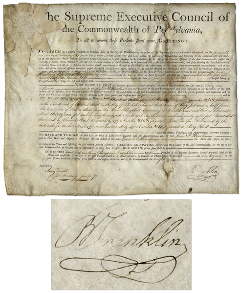 Benjamin Franklin Signed Land Grant From 1787 -- For Land in Philadelphia