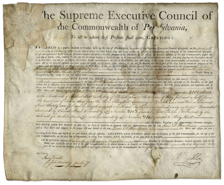 Benjamin Franklin Signed Land Grant From 1787 -- For Land in Philadelphia