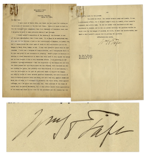 William Taft Letter Signed Regarding the League of Nations & Women's Support of It -- ''...It is most amusing to note the incitement on the part of political women...''