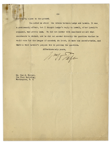 William Taft Letter Signed Regarding the League of Nations & Women's Support of It -- ''...It is most amusing to note the incitement on the part of political women...''