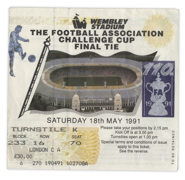 1991 Runner-Up Gold Medal From English F.A. Cup Final -- Awarded to Nottingham Forest Player -- With Match Ticket, Program, Poster & Team Photo