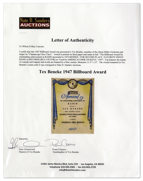 Tex Beneke 1947 Billboard Award
