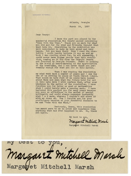 Margaret Mitchell Letter Signed From 1937 Regarding ''...the wonderful resolution the Senate passed concerning 'Gone With the Wind'...''