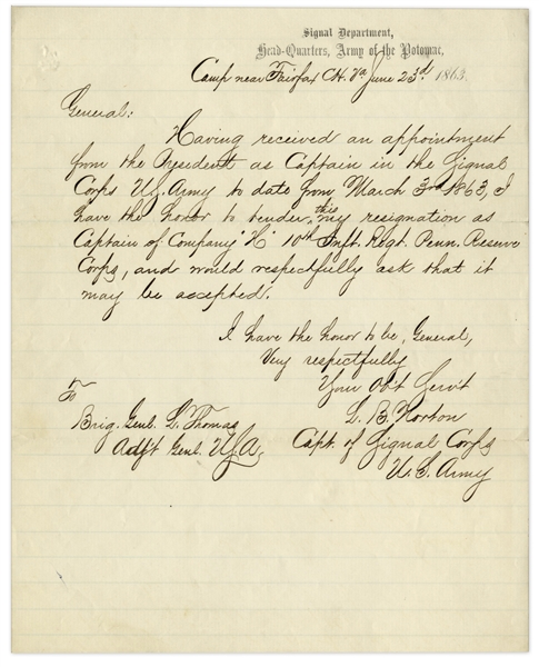 Secretary of War Edwin Stanton Signed Military Appointment