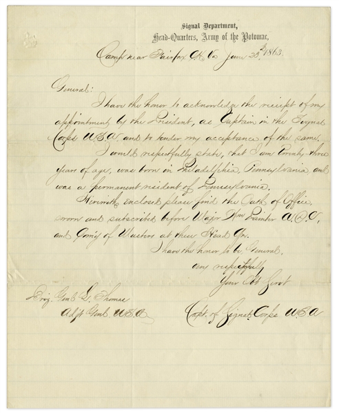 Secretary of War Edwin Stanton Signed Military Appointment