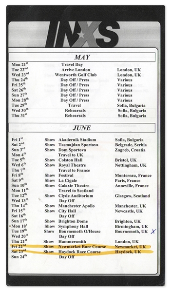 INXS Tour Itineraries From 2007, Personally Owned by Garry Beers -- With LOA From Garry Beers
