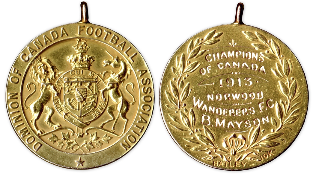 1913 Gold Medal From First Ever Canadian Football Championship -- Awarded to B. Mayson of the Norwood Wanderers