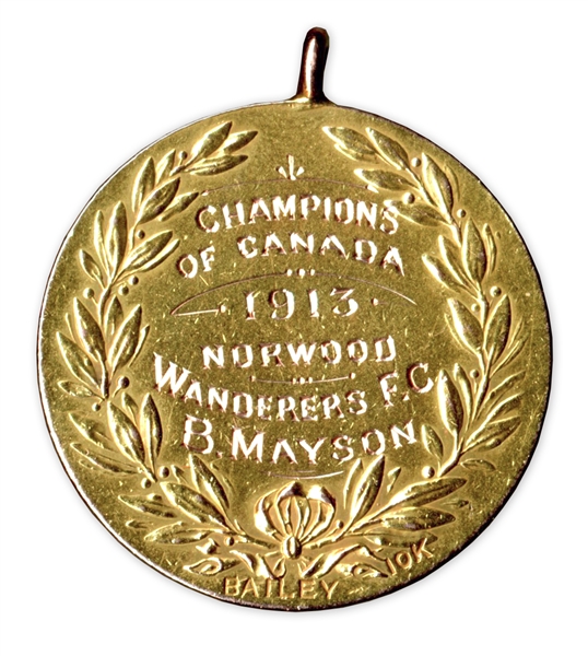1913 Gold Medal From First Ever Canadian Football Championship -- Awarded to B. Mayson of the Norwood Wanderers
