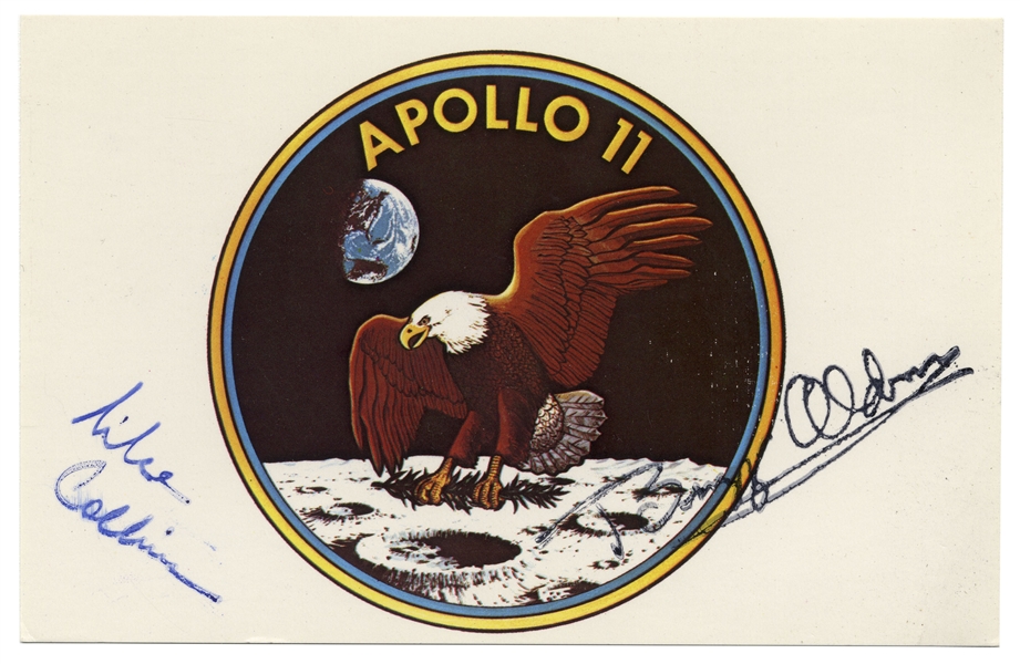Apollo 11 Postcard Signed by Michael Collins & Buzz Aldrin -- With Note Signed by Neil Armstrong